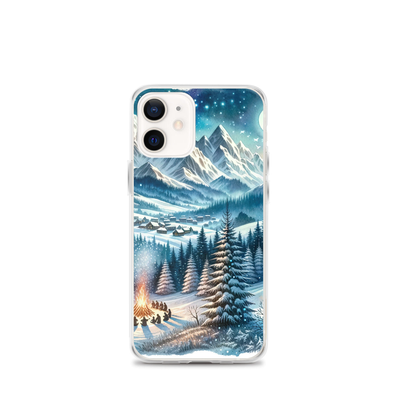 Aquarell eines Winterabends in den Alpen mit Lagerfeuer und Wanderern, glitzernder Neuschnee - iPhone Schutzhülle (durchsichtig) camping xxx yyy zzz iPhone 12 mini