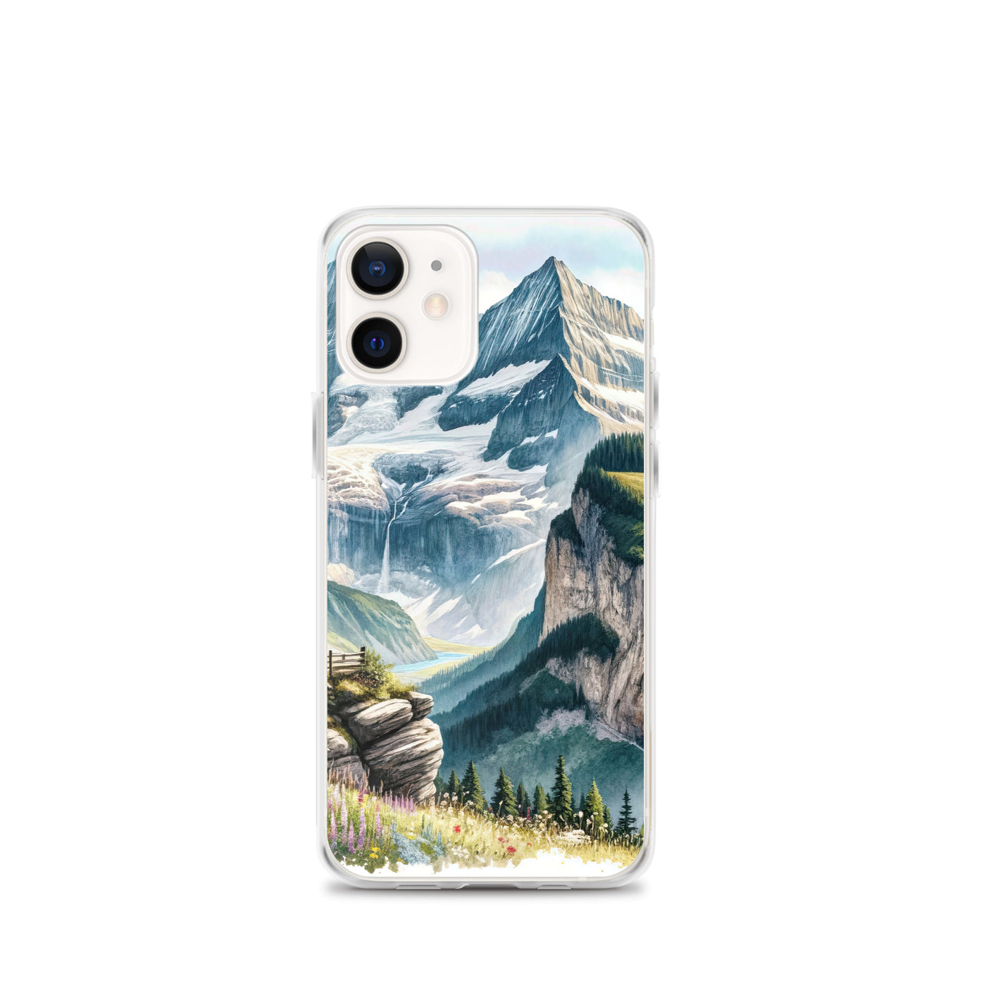 Aquarell-Panoramablick der Alpen mit schneebedeckten Gipfeln, Wasserfällen und Wanderern - iPhone Schutzhülle (durchsichtig) wandern xxx yyy zzz iPhone 12 mini
