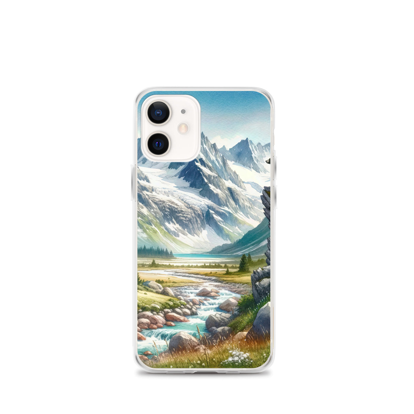 Aquarellmalerei eines Bären und der sommerlichen Alpenschönheit mit schneebedeckten Ketten - iPhone Schutzhülle (durchsichtig) camping xxx yyy zzz iPhone 12 mini