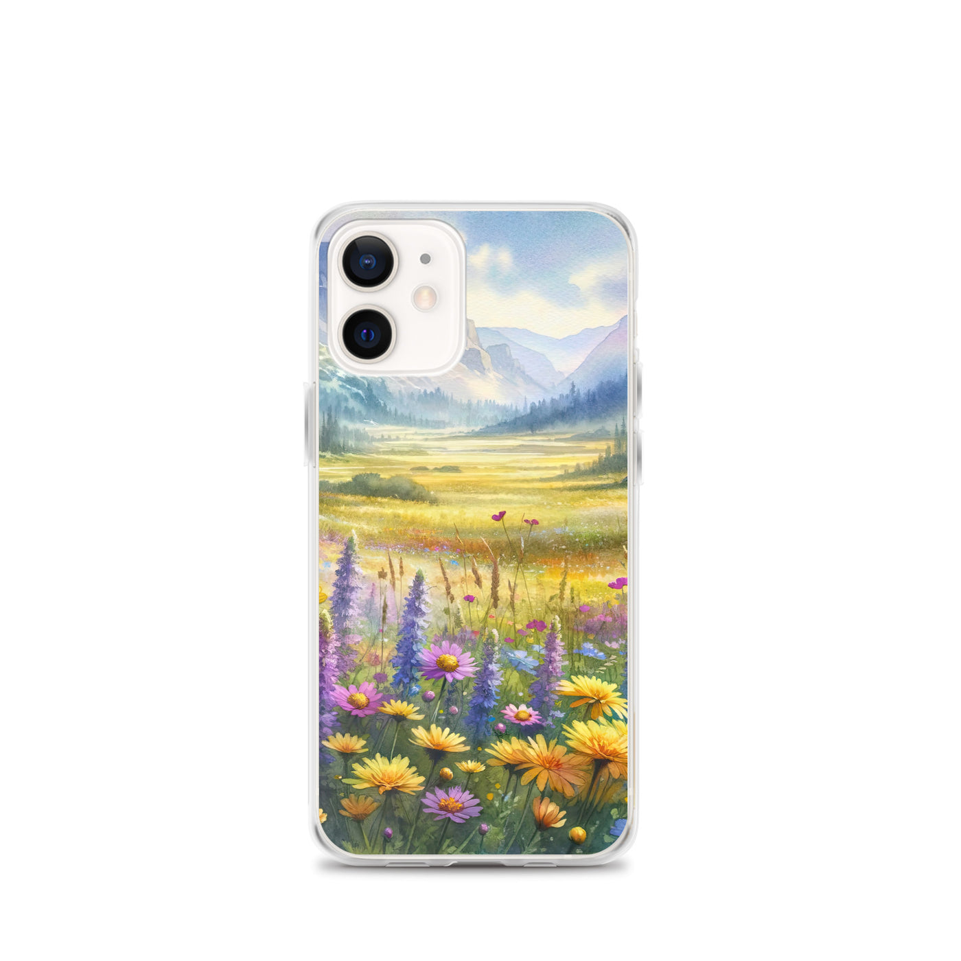 Aquarell einer Almwiese in Ruhe, Wildblumenteppich in Gelb, Lila, Rosa - iPhone Schutzhülle (durchsichtig) berge xxx yyy zzz iPhone 12 mini