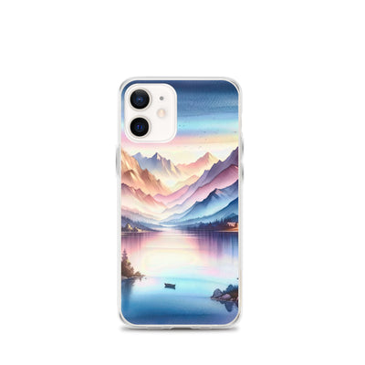 Aquarell einer Dämmerung in den Alpen, Boot auf einem See in Pastell-Licht - iPhone Schutzhülle (durchsichtig) berge xxx yyy zzz iPhone 12 mini