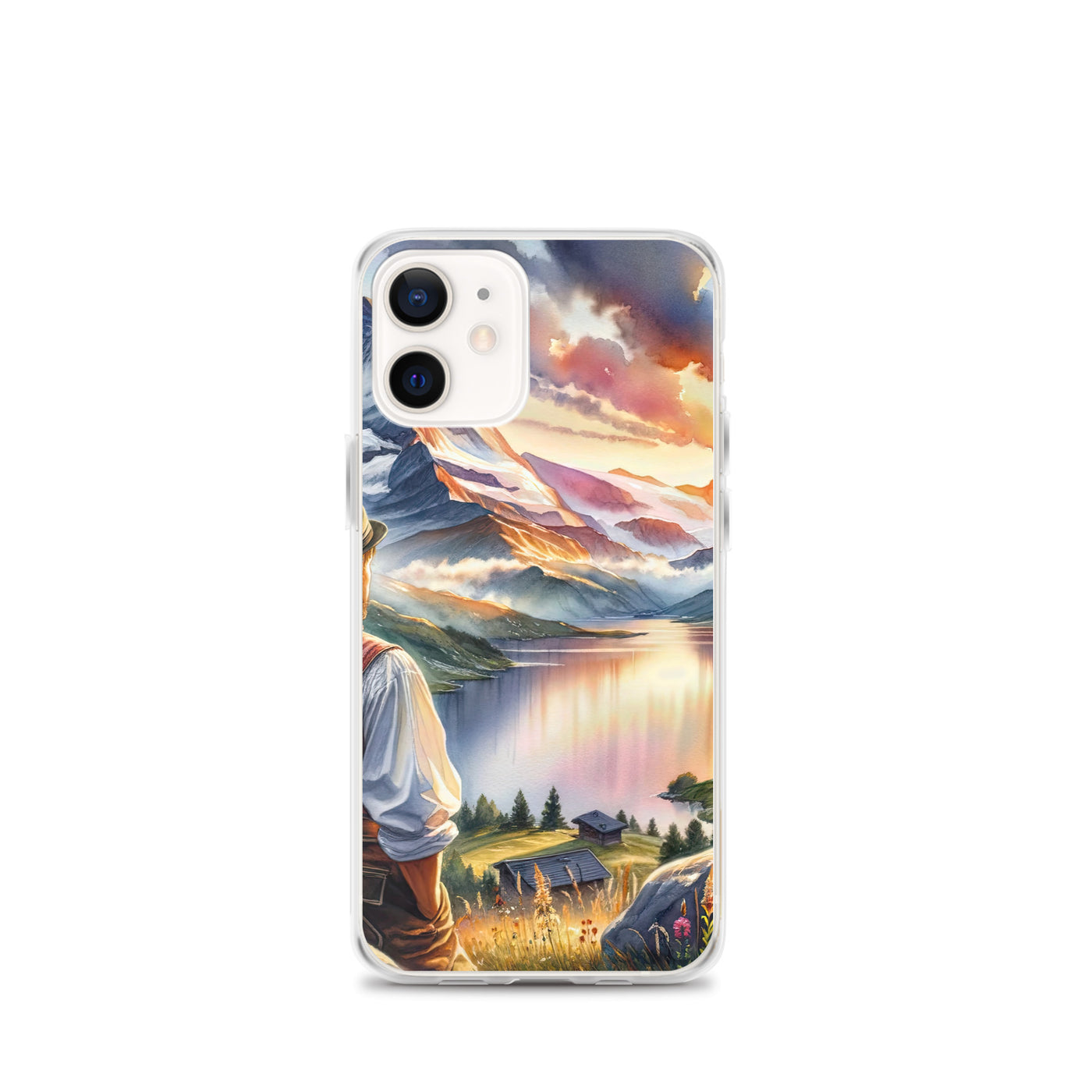 Aquarell einer Berglandschaft in der goldenen Stunde mit österreichischem Wanderer - iPhone Schutzhülle (durchsichtig) wandern xxx yyy zzz iPhone 12 mini