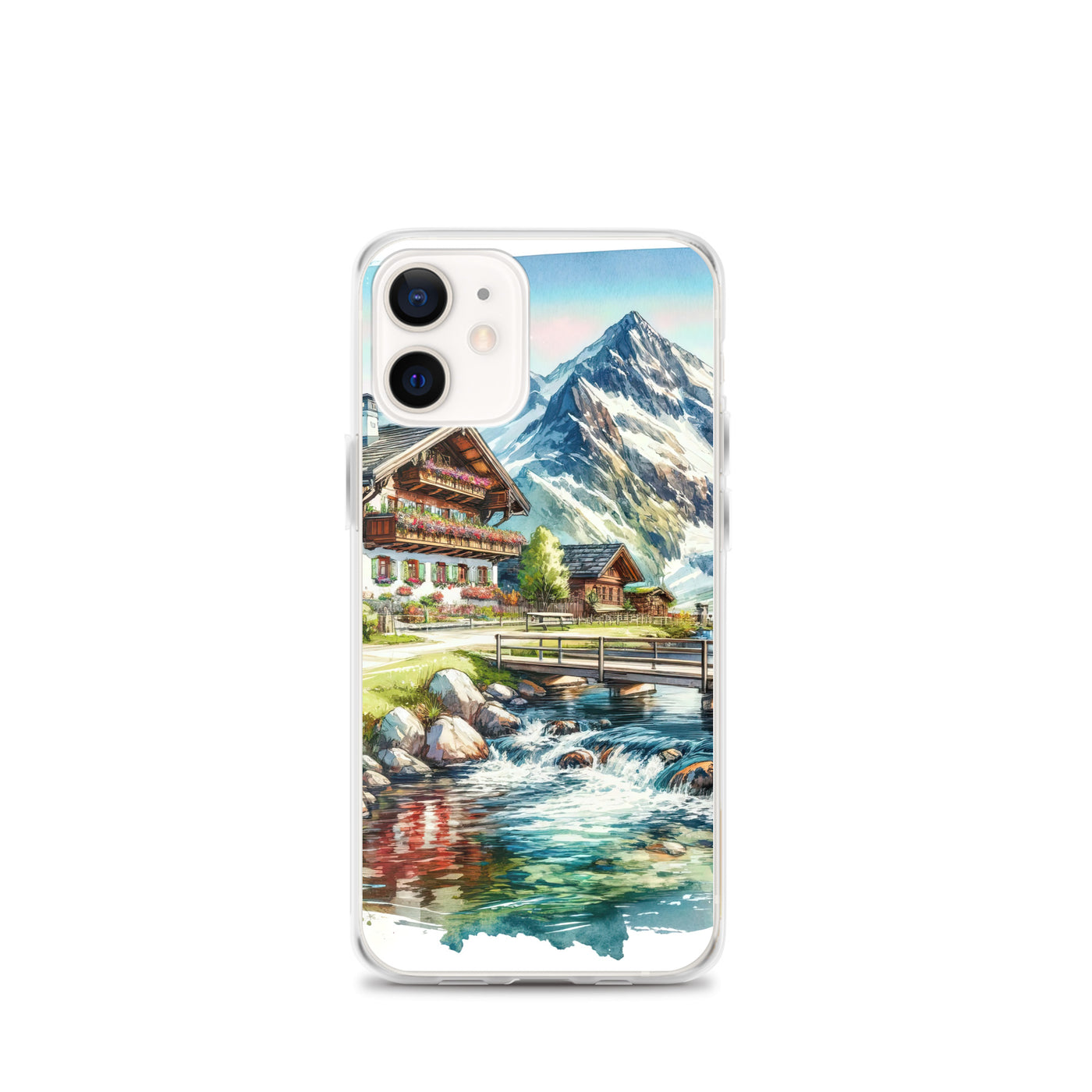Aquarell der frühlingshaften Alpenkette mit österreichischer Flagge und schmelzendem Schnee - iPhone Schutzhülle (durchsichtig) berge xxx yyy zzz iPhone 12 mini