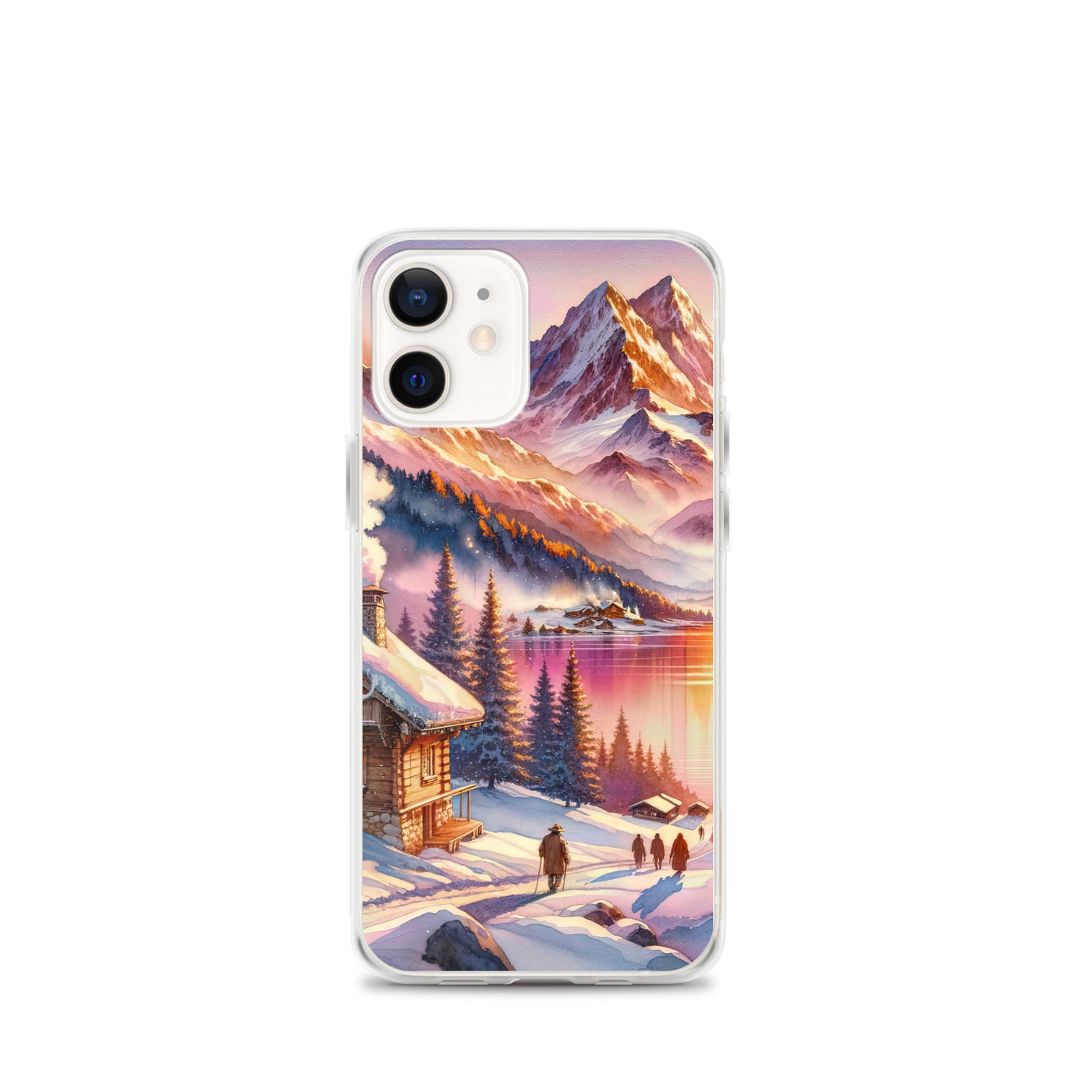 Aquarell eines Alpenpanoramas mit Wanderern bei Sonnenuntergang in Rosa und Gold - iPhone Schutzhülle (durchsichtig) wandern xxx yyy zzz iPhone 12 mini
