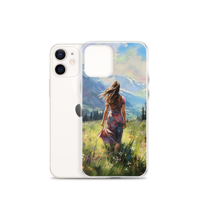 Frau mit langen Kleid im Feld mit Blumen - Berge im Hintergrund - Malerei - iPhone Schutzhülle (durchsichtig) berge xxx