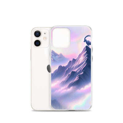 Pastellzeichnung der Alpen im Morgengrauen mit Steinbock in Rosa- und Lavendeltönen - iPhone Schutzhülle (durchsichtig) berge xxx yyy zzz