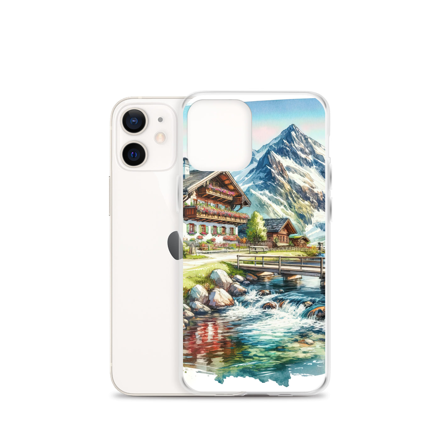 Aquarell der frühlingshaften Alpenkette mit österreichischer Flagge und schmelzendem Schnee - iPhone Schutzhülle (durchsichtig) berge xxx yyy zzz