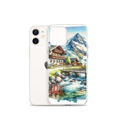 Aquarell der frühlingshaften Alpenkette mit österreichischer Flagge und schmelzendem Schnee - iPhone Schutzhülle (durchsichtig) berge xxx yyy zzz