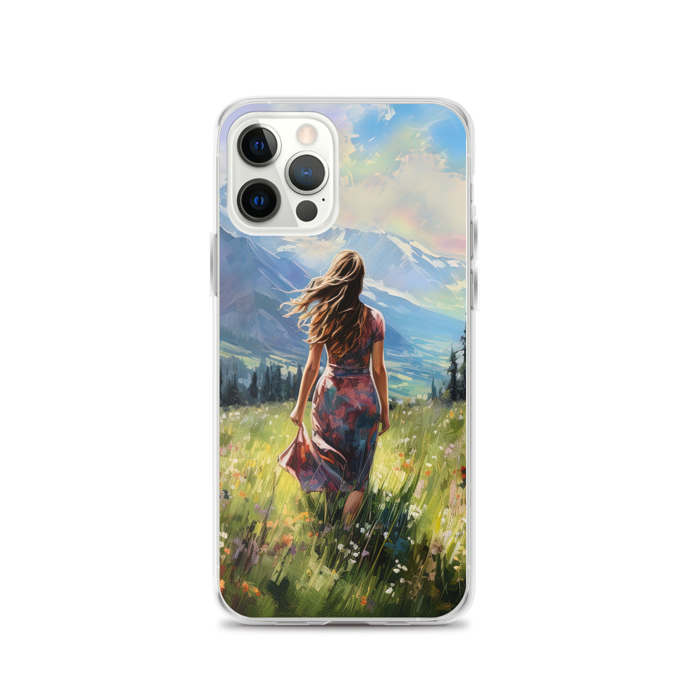 Frau mit langen Kleid im Feld mit Blumen - Berge im Hintergrund - Malerei - iPhone Schutzhülle (durchsichtig) berge xxx iPhone 12 Pro