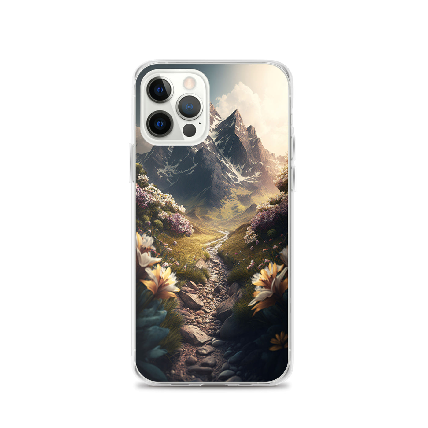 Epischer Berg, steiniger Weg und Blumen - Realistische Malerei - iPhone Schutzhülle (durchsichtig) berge xxx iPhone 12 Pro