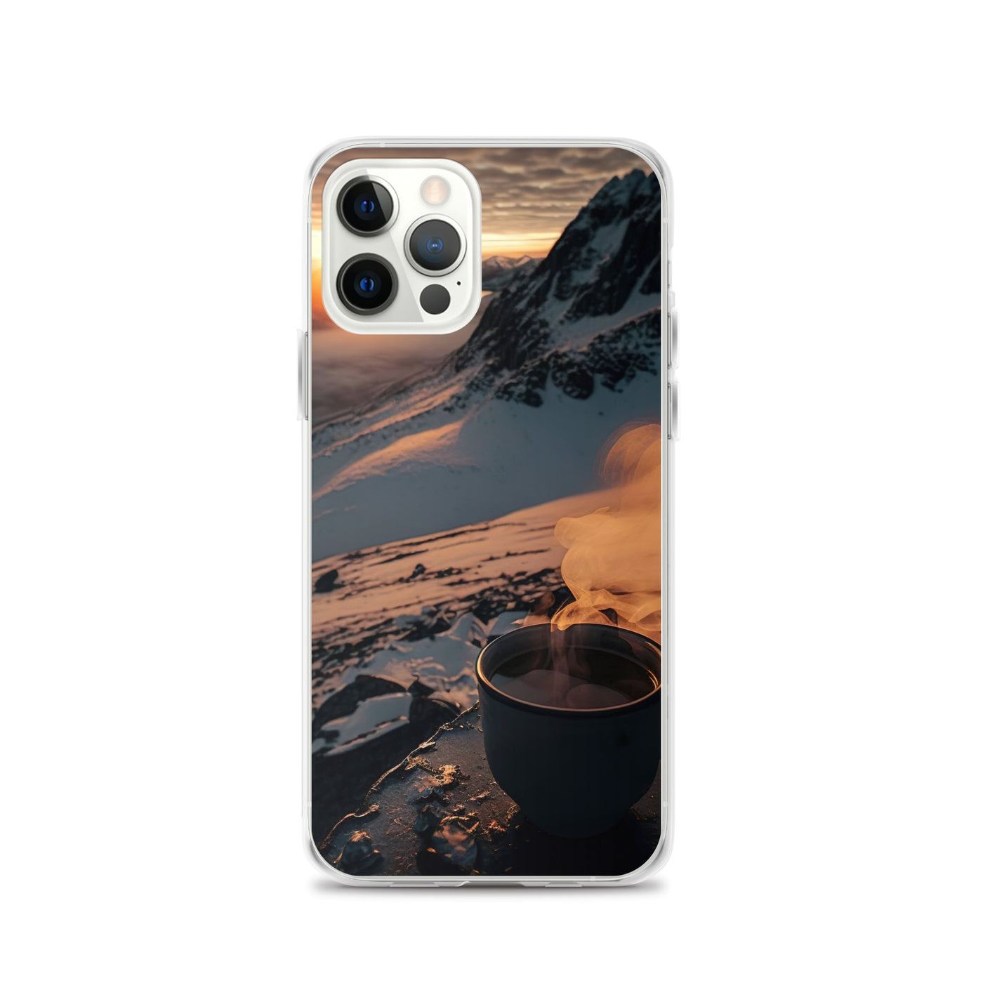 Heißer Kaffee auf einem schneebedeckten Berg - iPhone Schutzhülle (durchsichtig) berge xxx iPhone 12 Pro