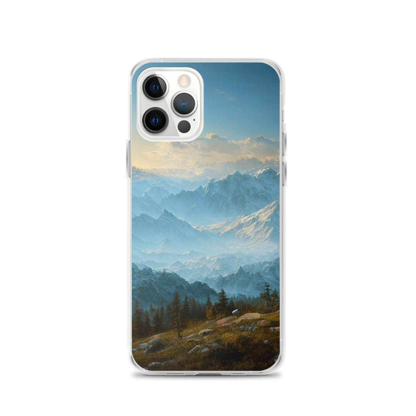 Schöne Berge mit Nebel bedeckt - Ölmalerei - iPhone Schutzhülle (durchsichtig) berge xxx iPhone 12 Pro