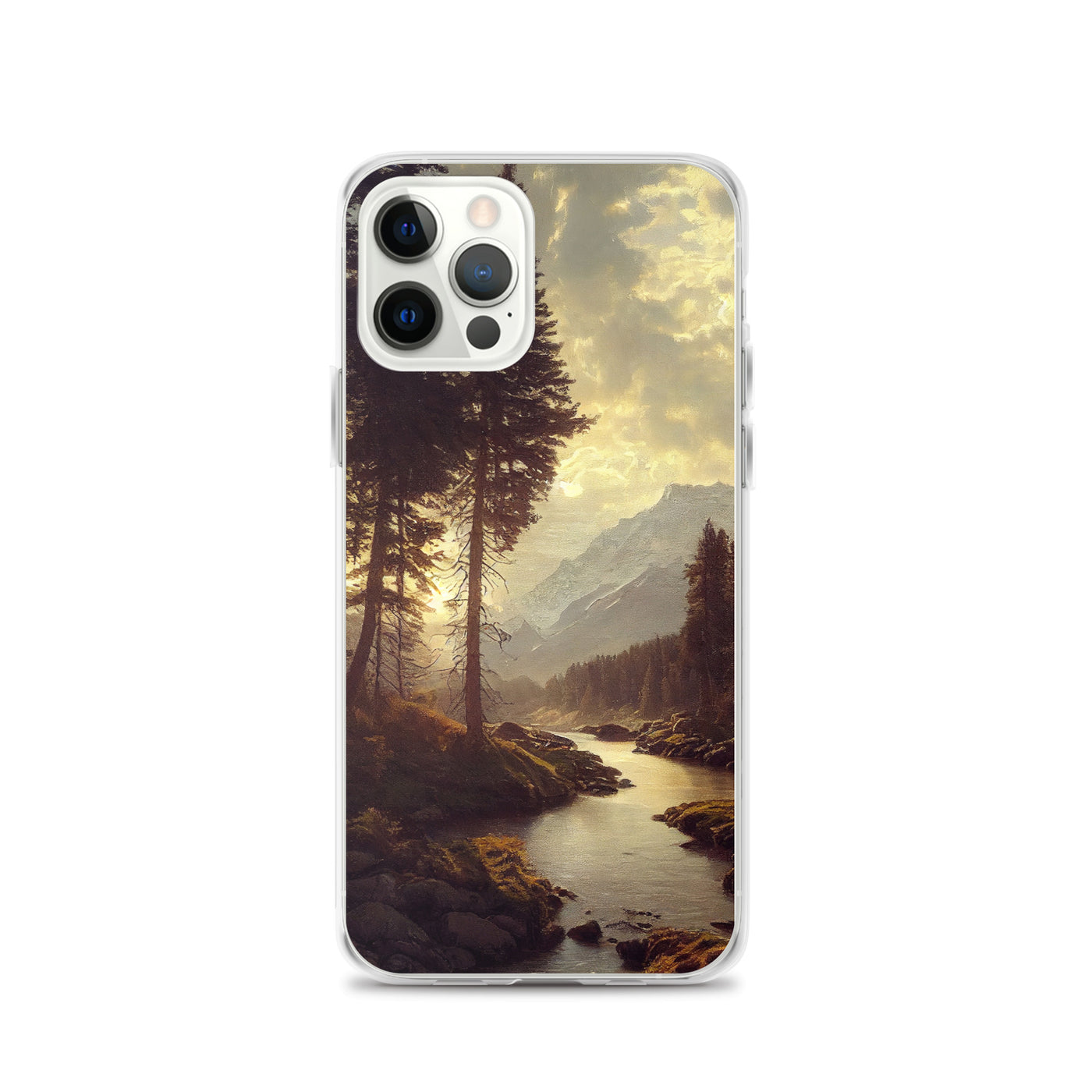 Landschaft mit Bergen, Fluss und Bäumen - Malerei - iPhone Schutzhülle (durchsichtig) berge xxx iPhone 12 Pro