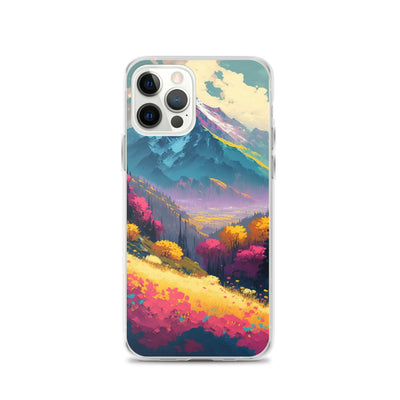 Berge, pinke und gelbe Bäume, sowie Blumen - Farbige Malerei - iPhone Schutzhülle (durchsichtig) berge xxx iPhone 12 Pro