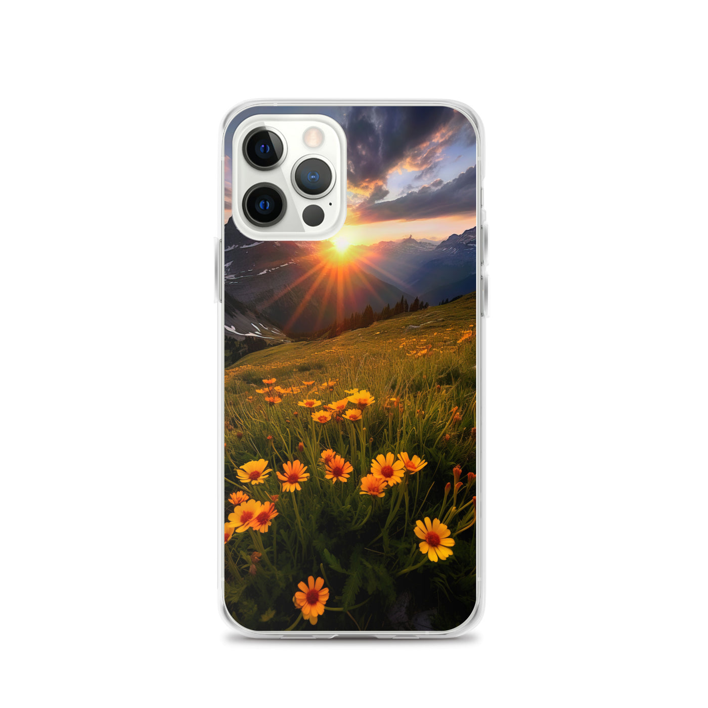 Gebirge, Sonnenblumen und Sonnenaufgang - iPhone Schutzhülle (durchsichtig) berge xxx iPhone 12 Pro
