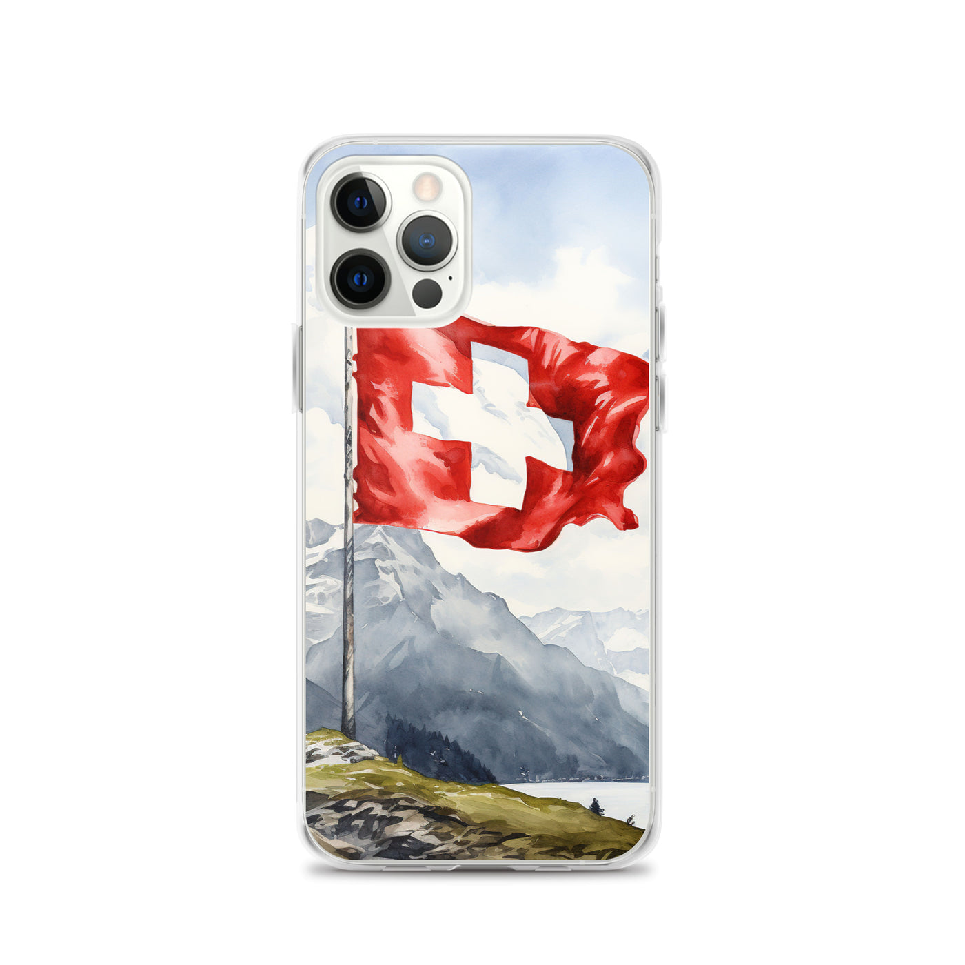 Schweizer Flagge und Berge im Hintergrund - Epische Stimmung - Malerei - iPhone Schutzhülle (durchsichtig) berge xxx iPhone 12 Pro