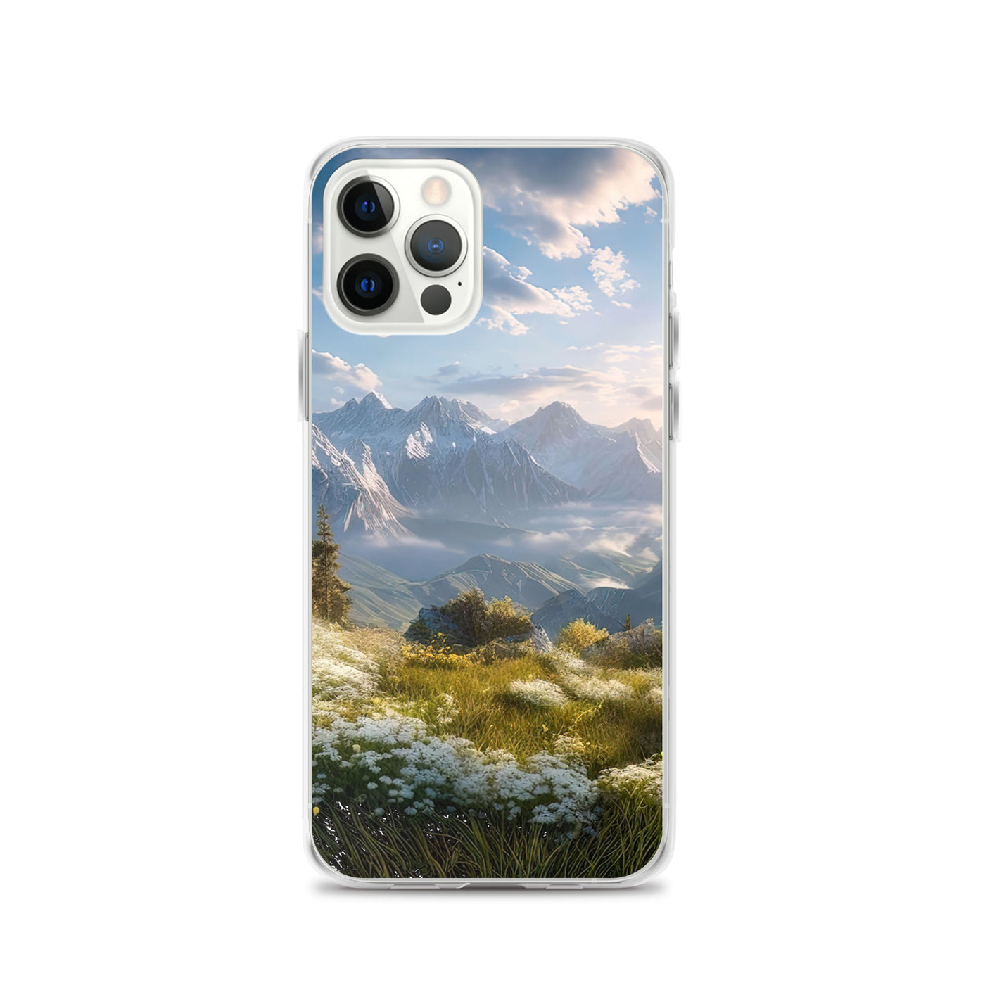 Berglandschaft mit Sonnenschein, Blumen und Bäumen - Malerei - iPhone Schutzhülle (durchsichtig) berge xxx iPhone 12 Pro
