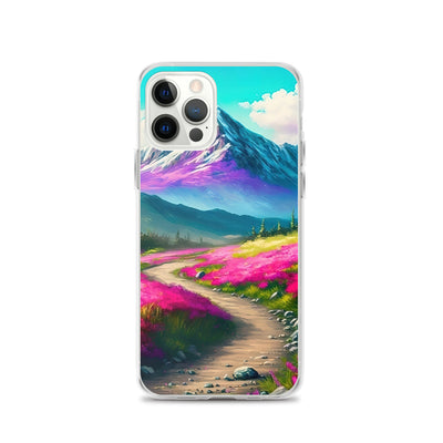 Berg, pinke Blumen und Wanderweg - Landschaftsmalerei - iPhone Schutzhülle (durchsichtig) berge xxx iPhone 12 Pro