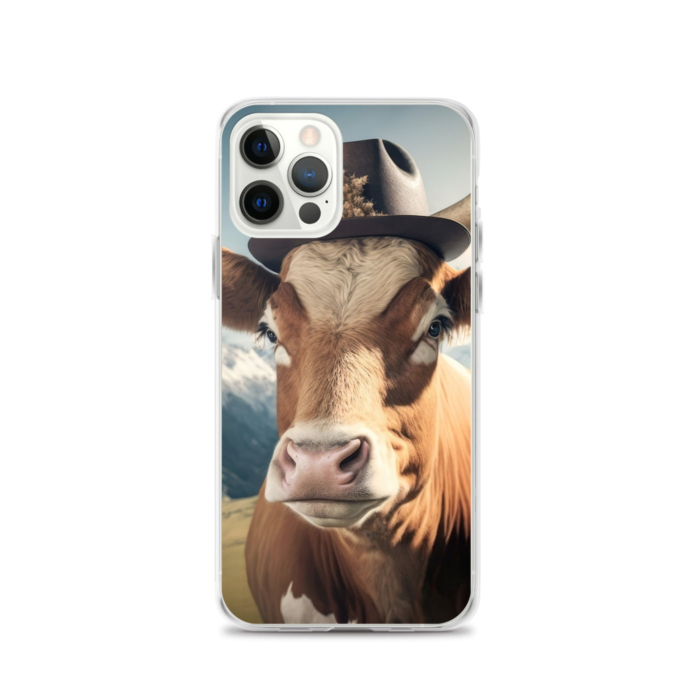 Kuh mit Hut in den Alpen - Berge im Hintergrund - Landschaftsmalerei - iPhone Schutzhülle (durchsichtig) berge xxx iPhone 12 Pro