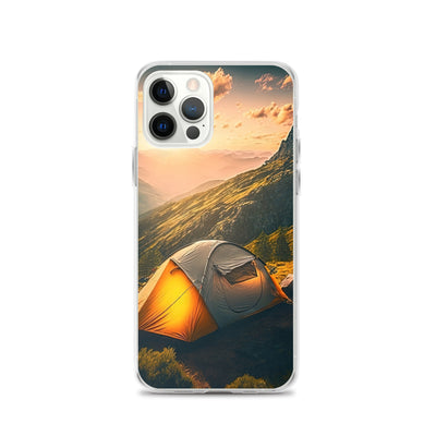 Zelt auf Berg im Sonnenaufgang - Landschafts - iPhone Schutzhülle (durchsichtig) camping xxx iPhone 12 Pro