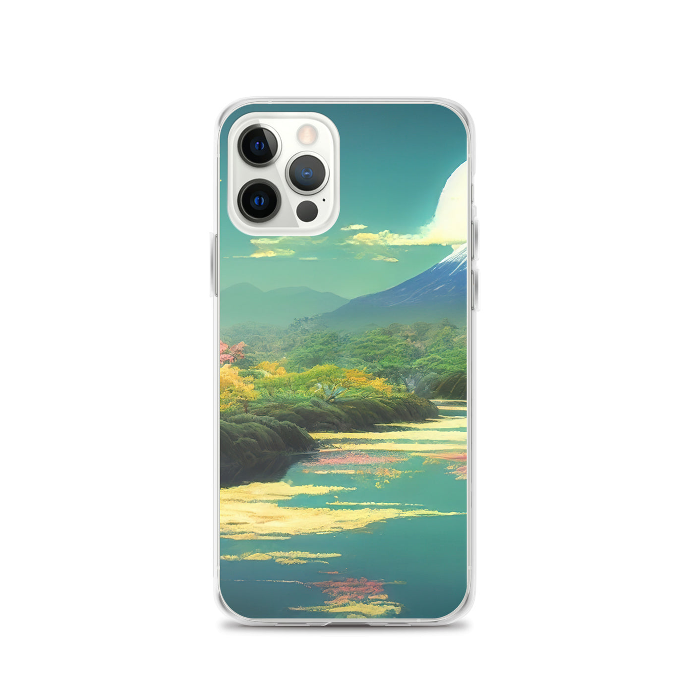 Berg, See und Wald mit pinken Bäumen - Landschaftsmalerei - iPhone Schutzhülle (durchsichtig) berge xxx iPhone 12 Pro