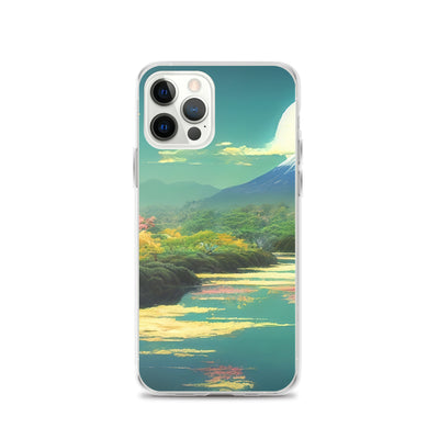 Berg, See und Wald mit pinken Bäumen - Landschaftsmalerei - iPhone Schutzhülle (durchsichtig) berge xxx iPhone 12 Pro