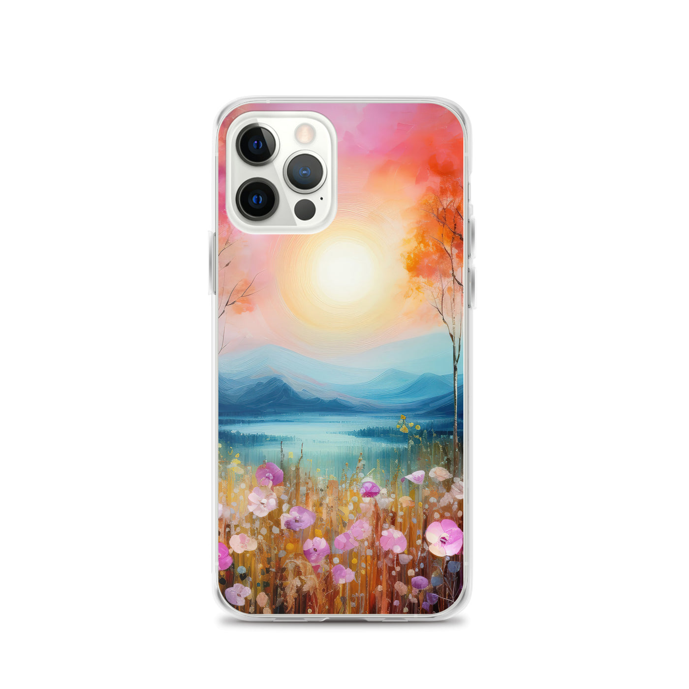 Berge, See, pinke Bäume und Blumen - Malerei - iPhone Schutzhülle (durchsichtig) berge xxx iPhone 12 Pro