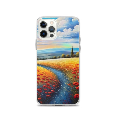 Feld mit roten Blumen und Berglandschaft - Landschaftsmalerei - iPhone Schutzhülle (durchsichtig) berge xxx iPhone 12 Pro
