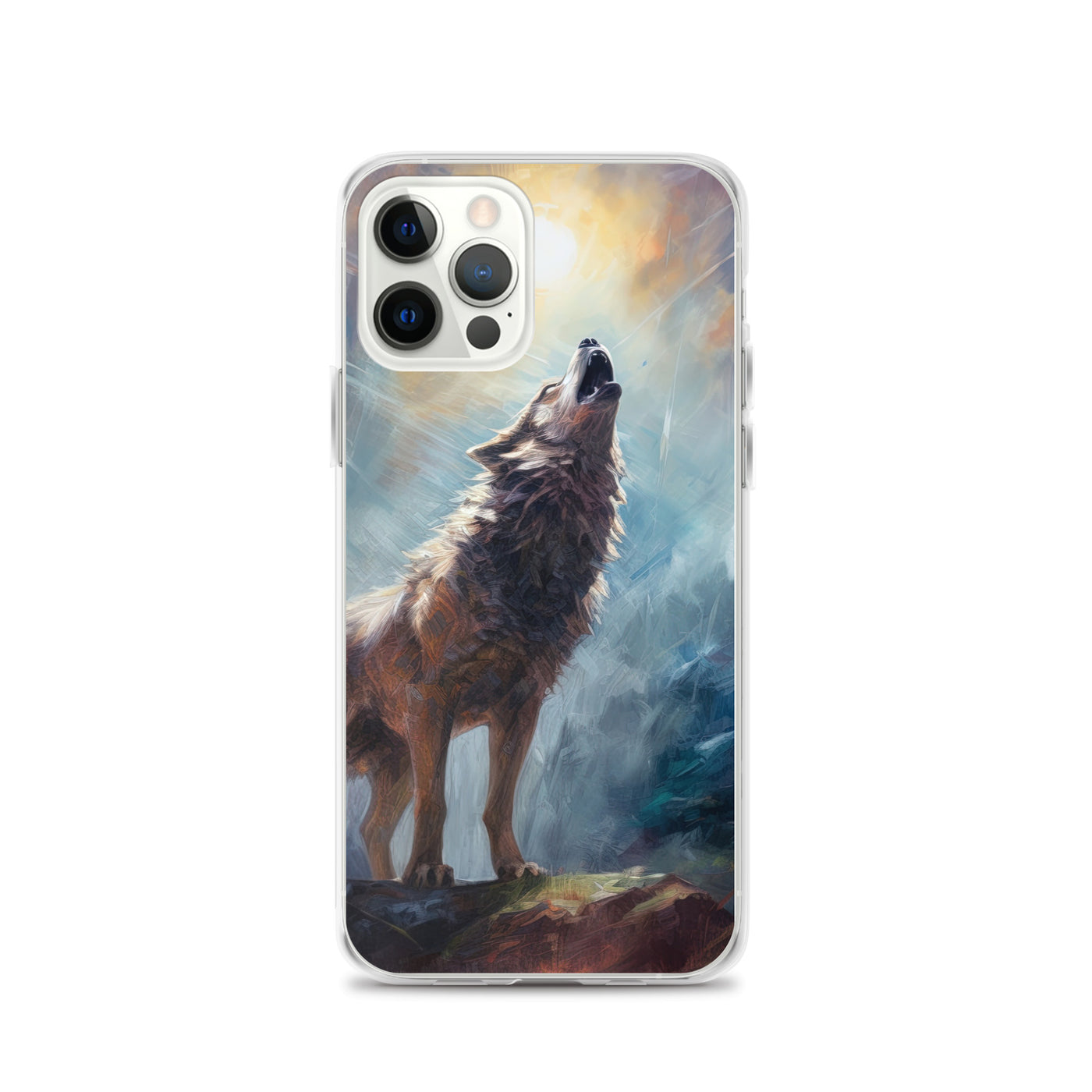 Heulender Wolf auf Berggipfel und Mond im Hintergrund – Abstrakte Malerei - iPhone Schutzhülle (durchsichtig) camping xxx iPhone 12 Pro