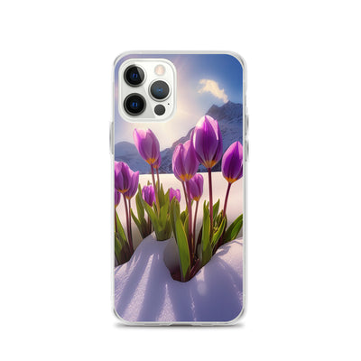 Tulpen im Schnee und in den Bergen - Blumen im Winter - iPhone Schutzhülle (durchsichtig) berge xxx iPhone 12 Pro