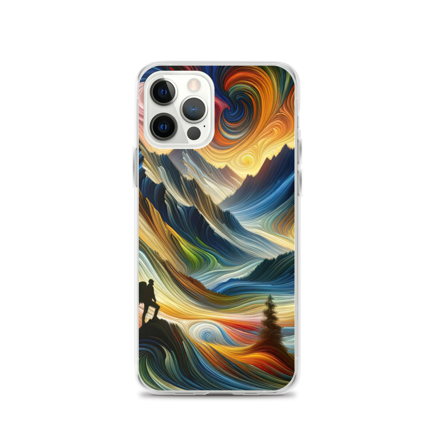 Abstraktes Kunstgemälde der Alpen mit wirbelnden, lebendigen Farben und dynamischen Mustern. Wanderer Silhouette - iPhone Schutzhülle (durchsichtig) wandern xxx yyy zzz iPhone 12 Pro