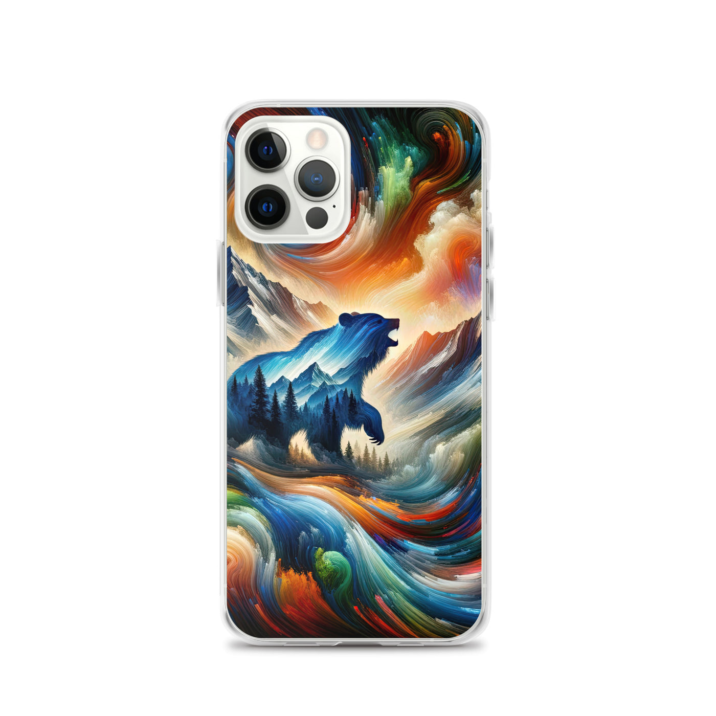 Lebendige Alpen und Bären Sillhouette über Berggipfel - Abstraktes Gemälde - iPhone Schutzhülle (durchsichtig) camping xxx yyy zzz iPhone 12 Pro