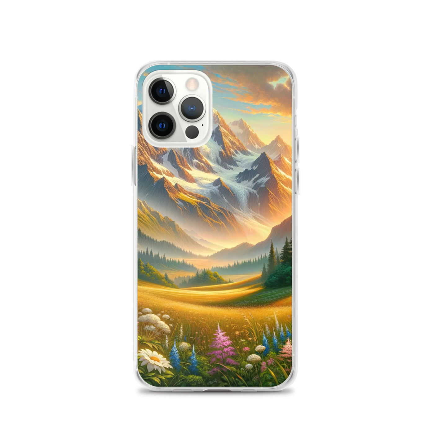 Heitere Alpenschönheit: Schneeberge und Wildblumenwiesen - iPhone Schutzhülle (durchsichtig) berge xxx yyy zzz iPhone 12 Pro