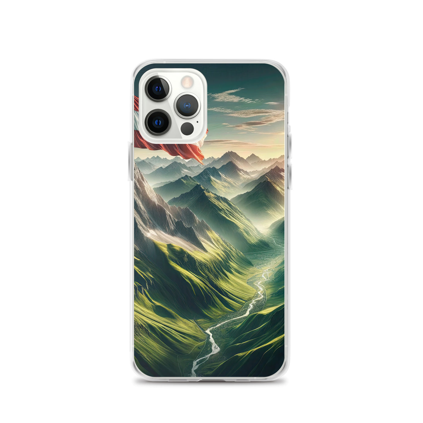 Alpen Gebirge: Fotorealistische Bergfläche mit Österreichischer Flagge - iPhone Schutzhülle (durchsichtig) berge xxx yyy zzz iPhone 12 Pro