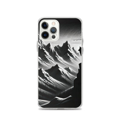 Kohlezeichnung, die die stille Stille der Alpen in der Winterdämmerung verkörpert. Wolf auf einem Berghügel (AN) - iPhone Schutzhülle (durchsichtig) xxx yyy zzz iPhone 12 Pro