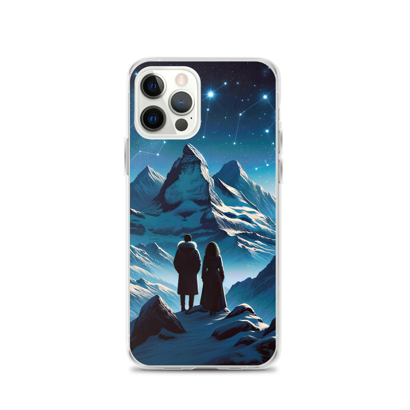 Alpenwinternacht: Digitale Kunst mit Wanderern in Bergen und Sternenhimmel - iPhone Schutzhülle (durchsichtig) wandern xxx yyy zzz iPhone 12 Pro