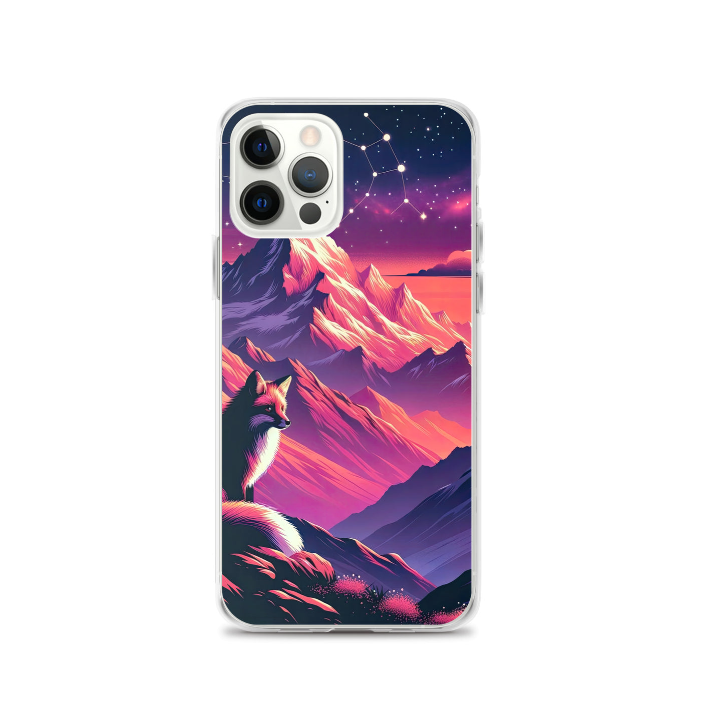 Fuchs im dramatischen Sonnenuntergang: Digitale Bergillustration in Abendfarben - iPhone Schutzhülle (durchsichtig) camping xxx yyy zzz iPhone 12 Pro