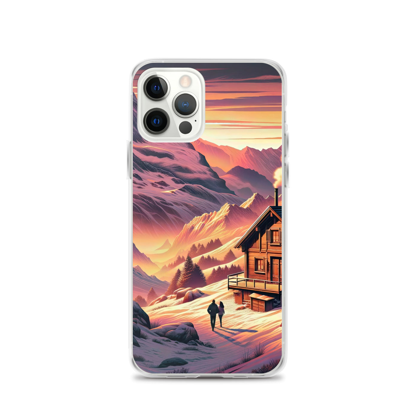 Berghütte im goldenen Sonnenuntergang: Digitale Alpenillustration - iPhone Schutzhülle (durchsichtig) berge xxx yyy zzz iPhone 12 Pro