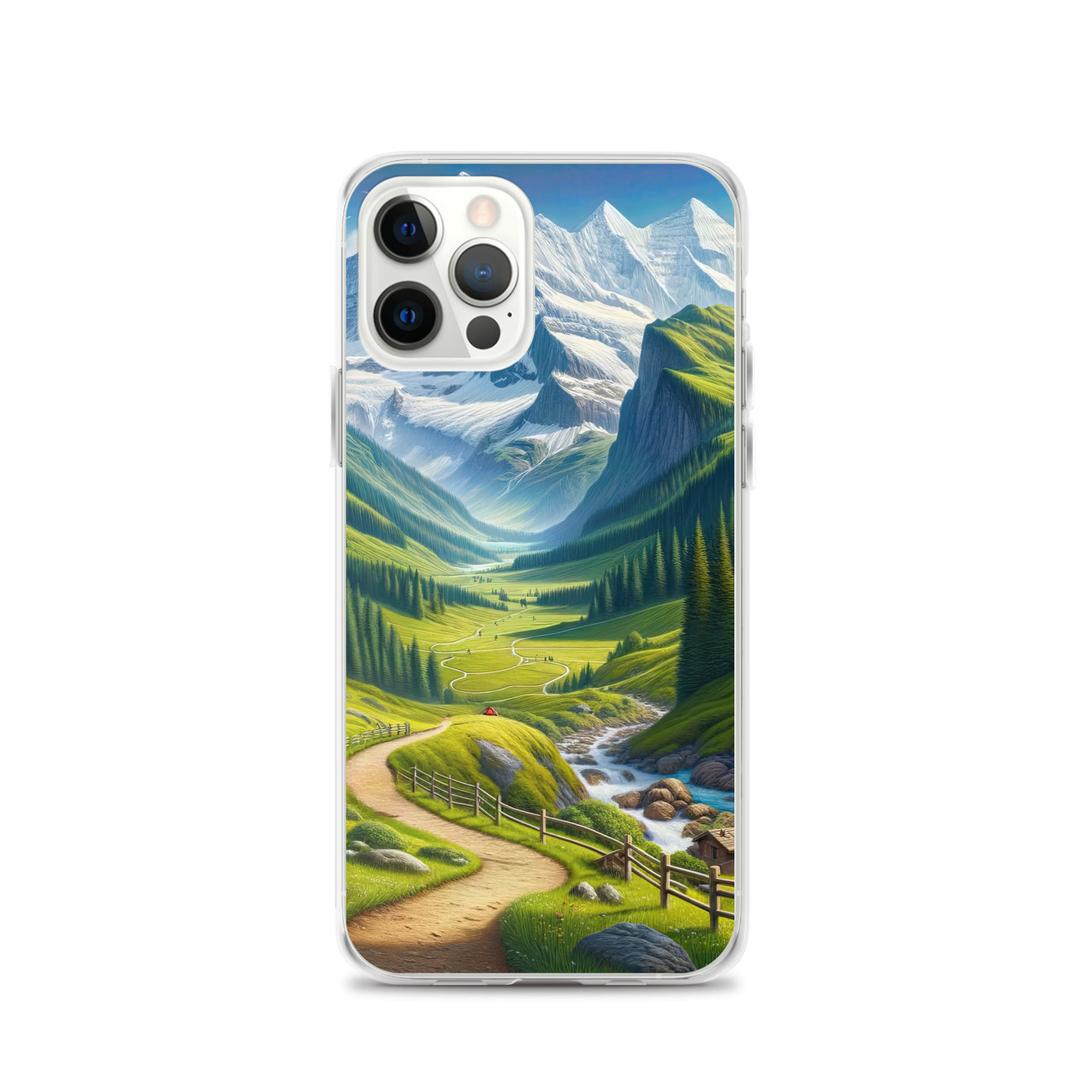 Wanderer in den Bergen und Wald: Digitale Malerei mit grünen kurvenreichen Pfaden - iPhone Schutzhülle (durchsichtig) wandern xxx yyy zzz iPhone 12 Pro