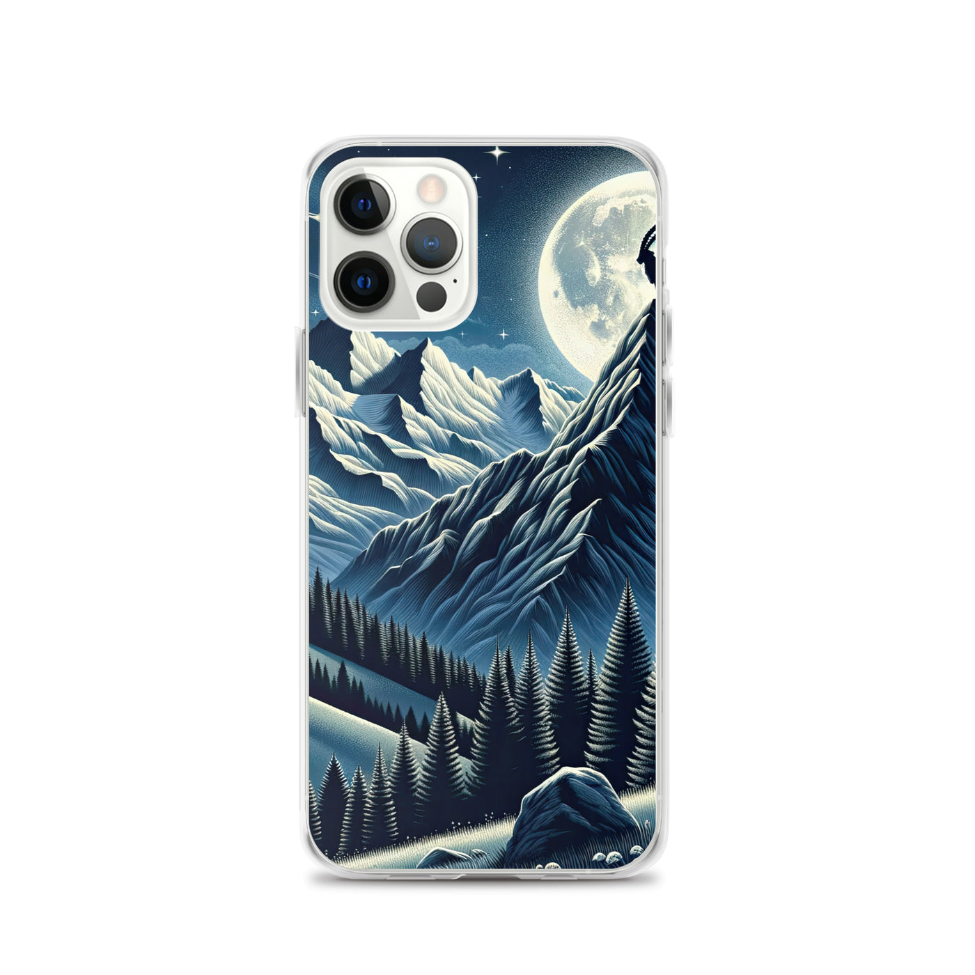 Steinbock in Alpennacht, silberne Berge und Sternenhimmel - iPhone Schutzhülle (durchsichtig) berge xxx yyy zzz iPhone 12 Pro