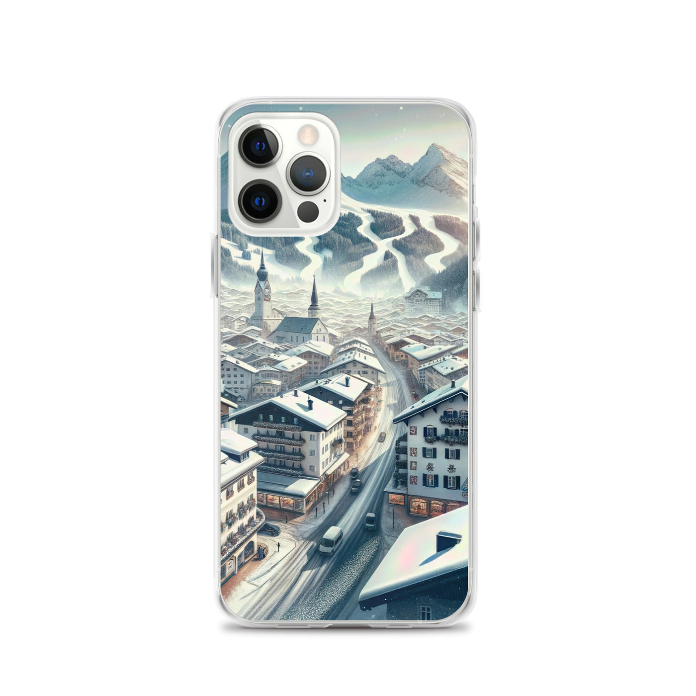 Winter in Kitzbühel: Digitale Malerei von schneebedeckten Dächern - iPhone Schutzhülle (durchsichtig) berge xxx yyy zzz iPhone 12 Pro