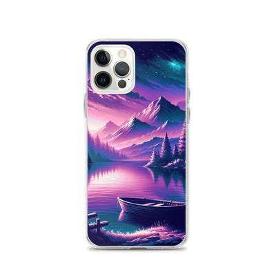 Magische Alpen-Dämmerung, rosa-lila Himmel und Bergsee mit Boot - iPhone Schutzhülle (durchsichtig) berge xxx yyy zzz iPhone 12 Pro