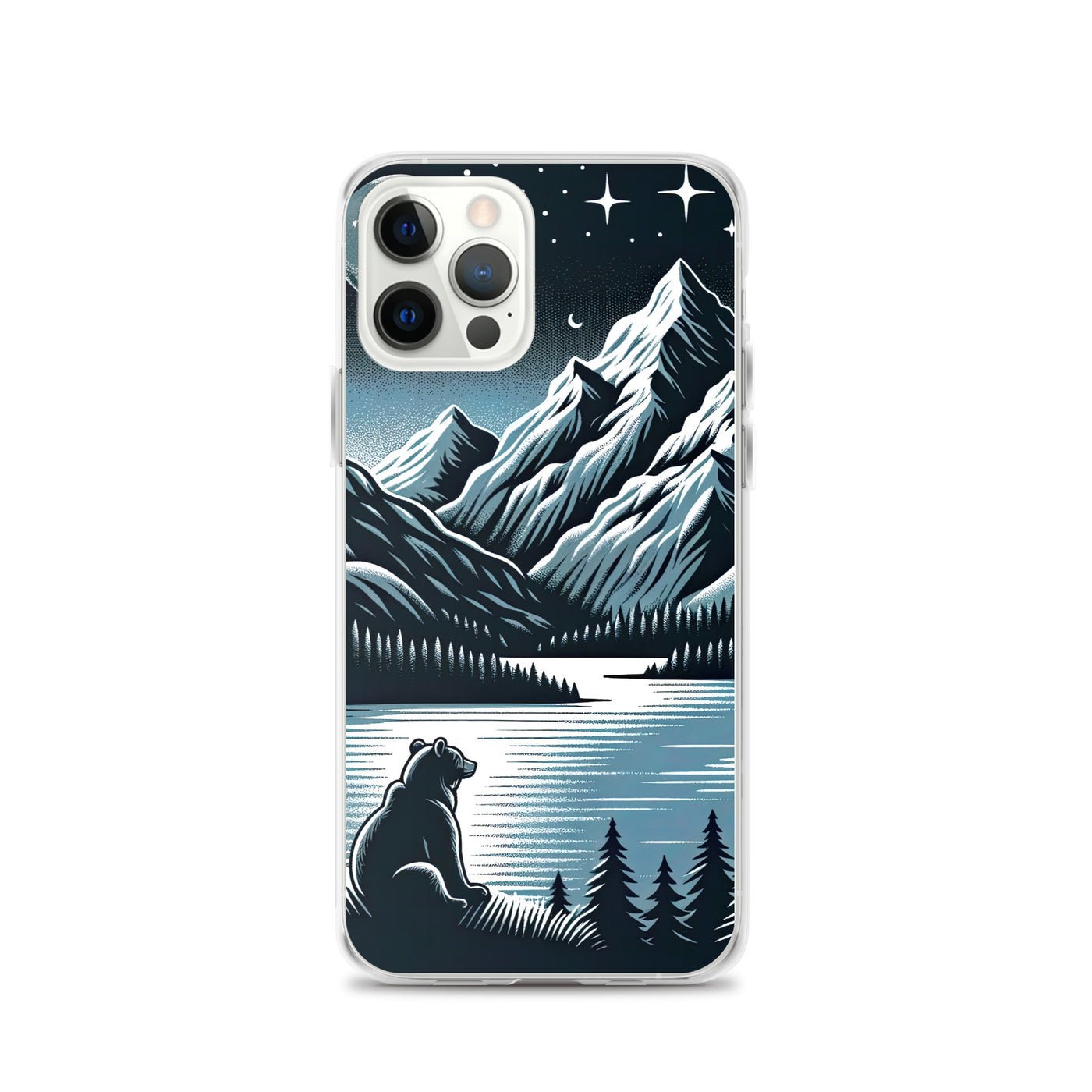 Bär in Alpen-Mondnacht, silberne Berge, schimmernde Seen - iPhone Schutzhülle (durchsichtig) camping xxx yyy zzz iPhone 12 Pro