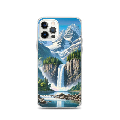 Illustration einer unberührten Alpenkulisse im Hochsommer. Wasserfall und See - iPhone Schutzhülle (durchsichtig) berge xxx yyy zzz iPhone 12 Pro