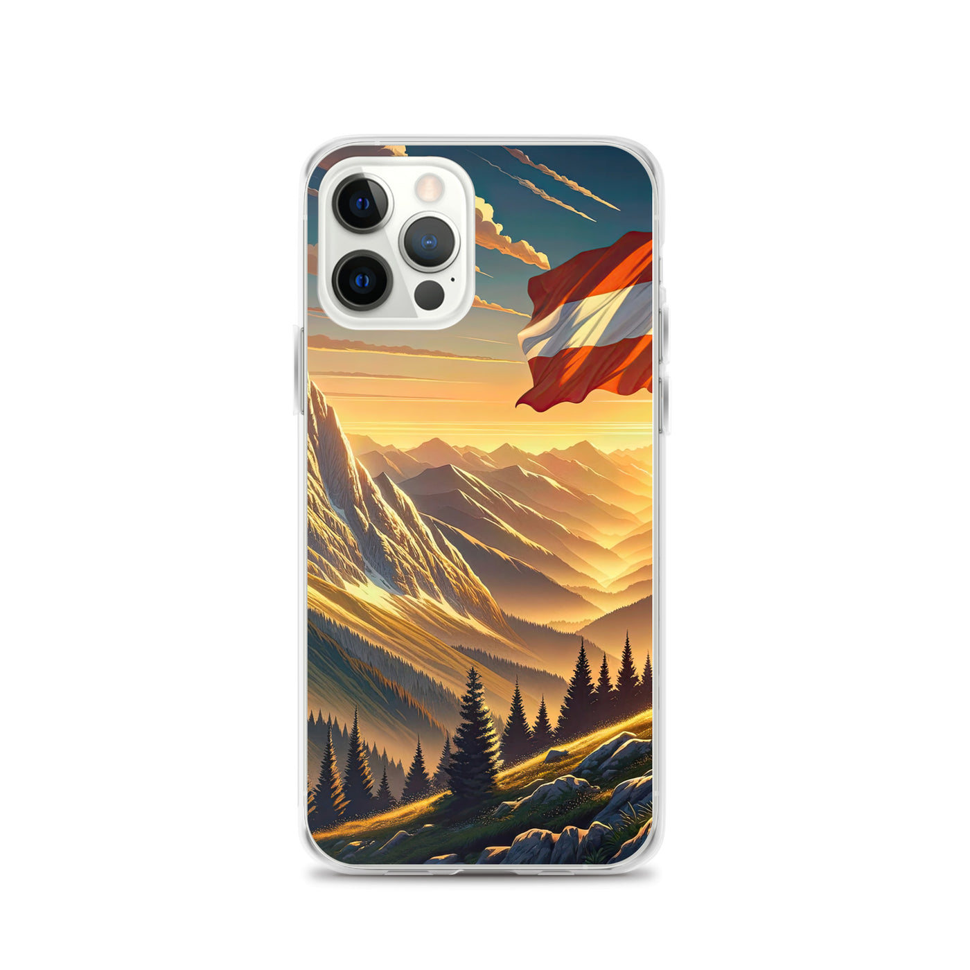 Ruhiger Alpenabend mit österreichischer Flagge und goldenem Sonnenuntergang - iPhone Schutzhülle (durchsichtig) berge xxx yyy zzz iPhone 12 Pro