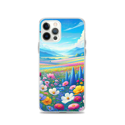 Weitläufiges Blumenfeld unter himmelblauem Himmel, leuchtende Flora - iPhone Schutzhülle (durchsichtig) camping xxx yyy zzz iPhone 12 Pro