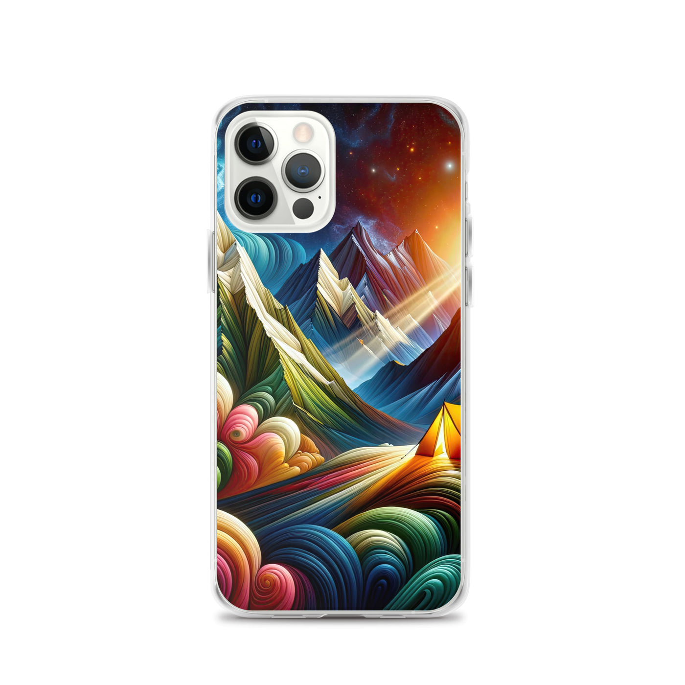 Abstrakte Bergwelt in lebendigen Farben mit Zelt - iPhone Schutzhülle (durchsichtig) camping xxx yyy zzz iPhone 12 Pro