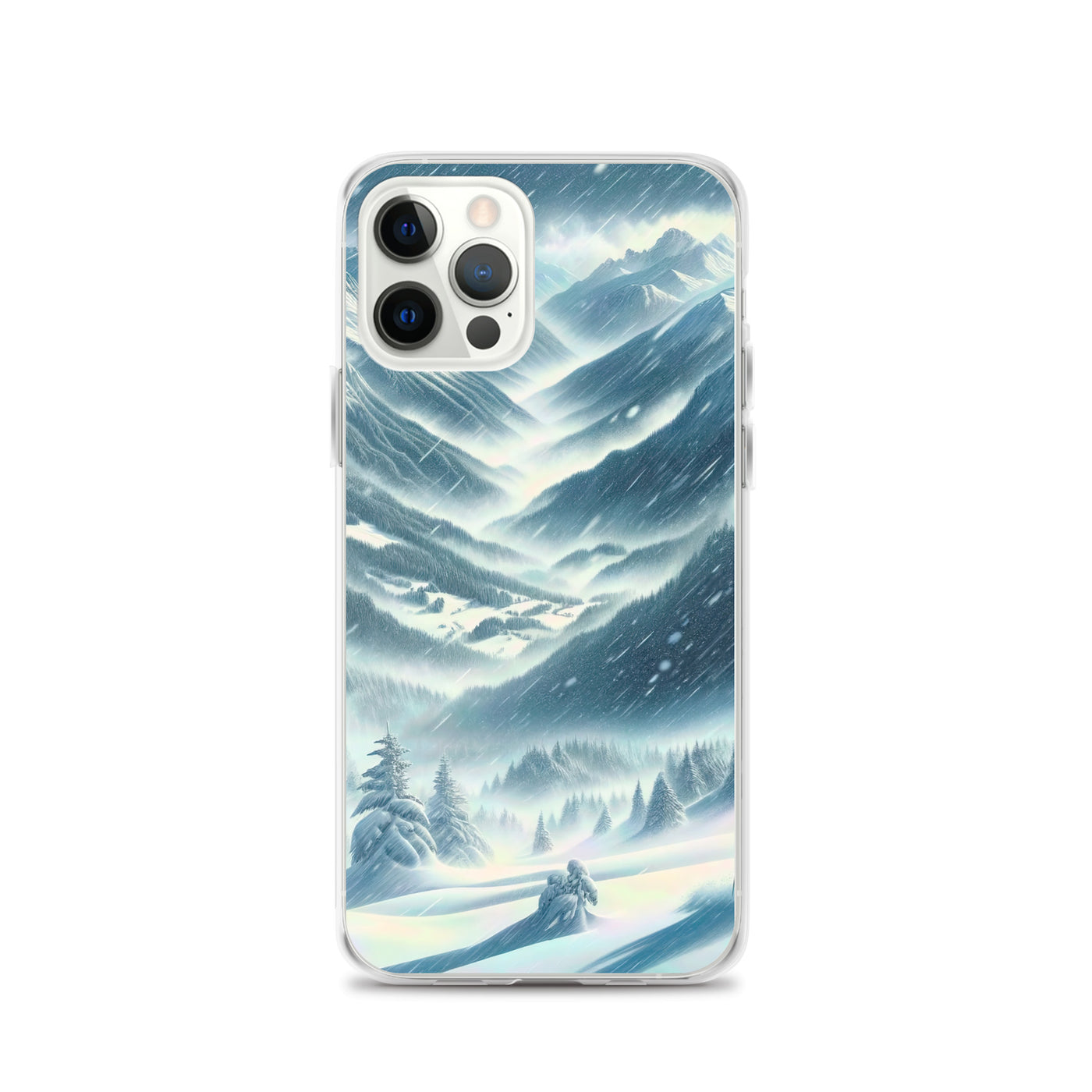 Alpine Wildnis im Wintersturm mit Skifahrer, verschneite Landschaft - iPhone Schutzhülle (durchsichtig) klettern ski xxx yyy zzz iPhone 12 Pro