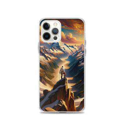 Ölgemälde eines Wanderers auf einem Hügel mit Panoramablick auf schneebedeckte Alpen und goldenen Himmel - iPhone Schutzhülle (durchsichtig) wandern xxx yyy zzz iPhone 12 Pro