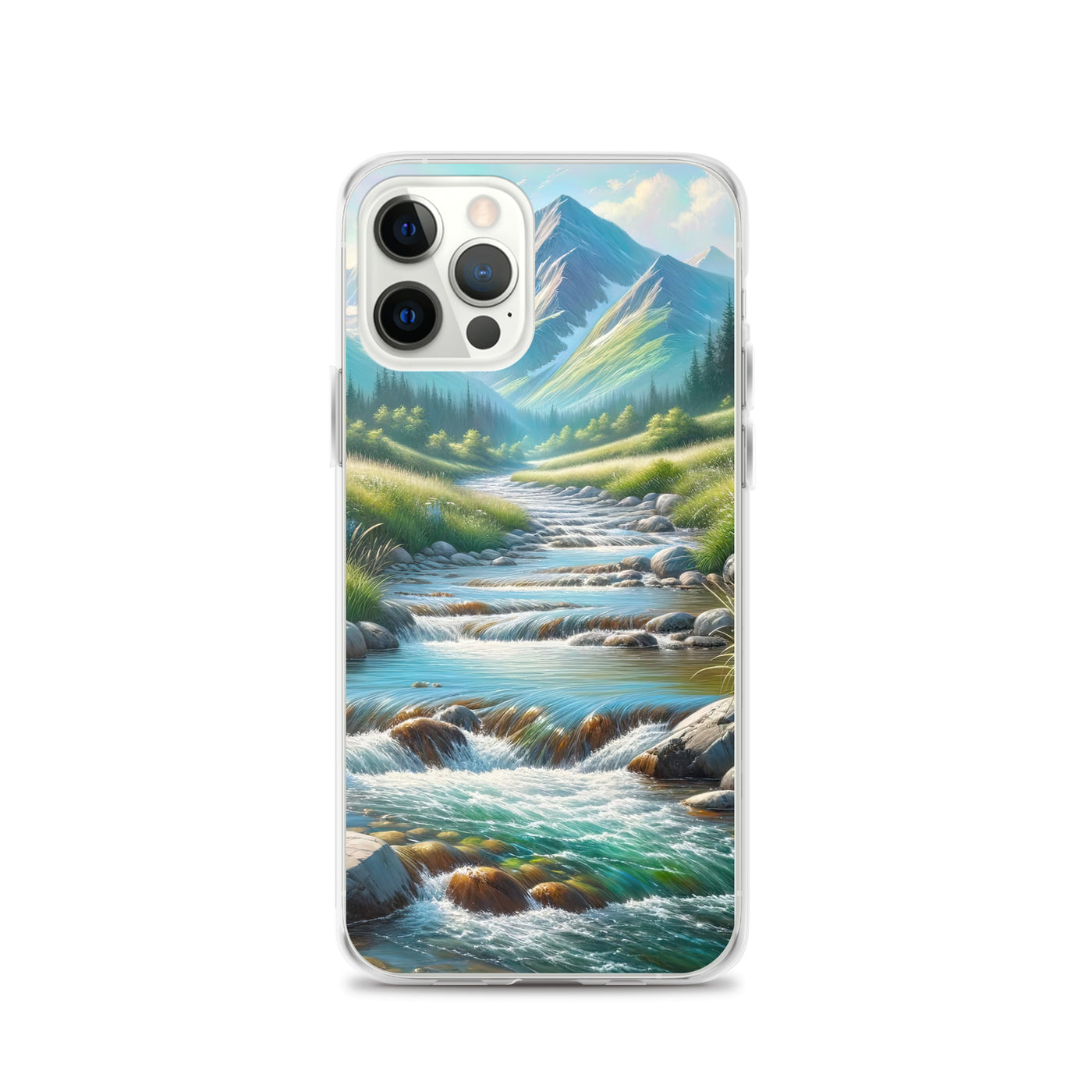 Sanfter Gebirgsbach in Ölgemälde, klares Wasser über glatten Felsen - iPhone Schutzhülle (durchsichtig) berge xxx yyy zzz iPhone 12 Pro